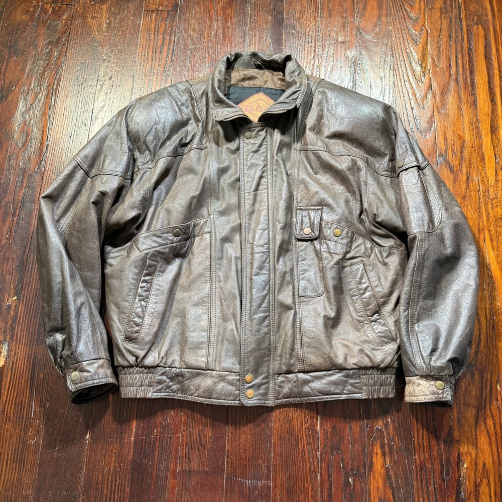 Vintage Weekends Leather Bomber Jacket Mens XL Brown Distressed Flight Coat